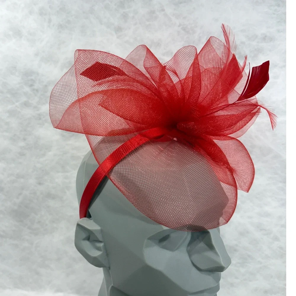 Bellissima‎ Millinery Red Fascinator Headband Mesh Feather Kentucky Derby Hat